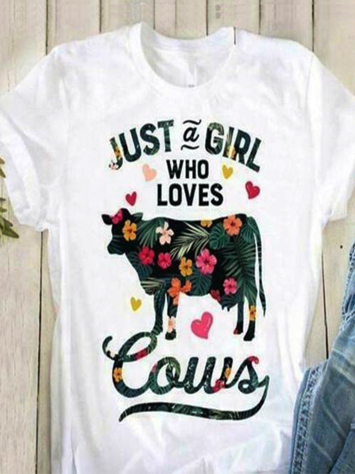 Casual plus size loose summer cow flower pattern printed short sleeve round neck T-shirt
