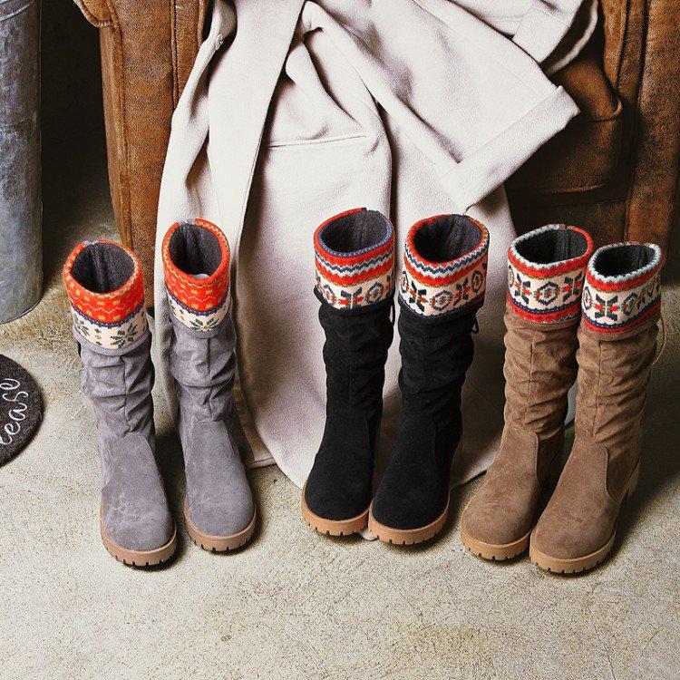 Women Vintage Printed Artificial Nubuck Holiday Lace-Up Boots