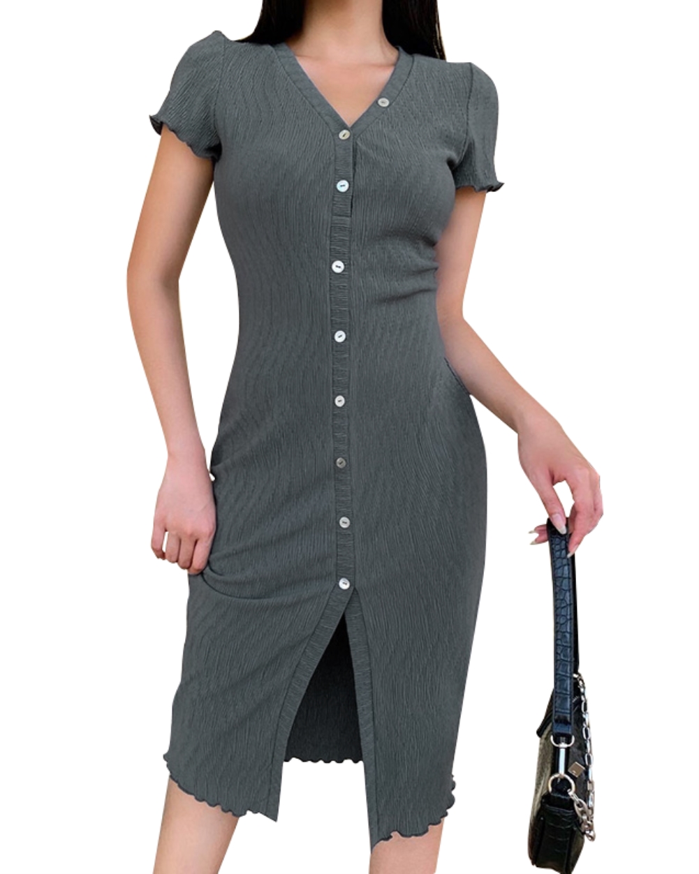 Fall Knitted Button Up Front Slit Midi Dress