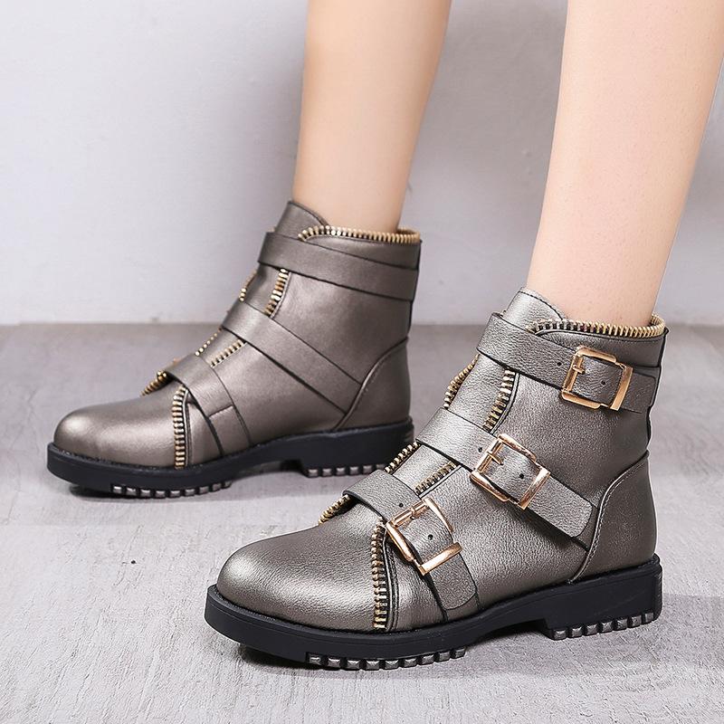 Gunmetal Zipper Daily Adjustable Buckle Spring/Fall Chunky Heel Boot
