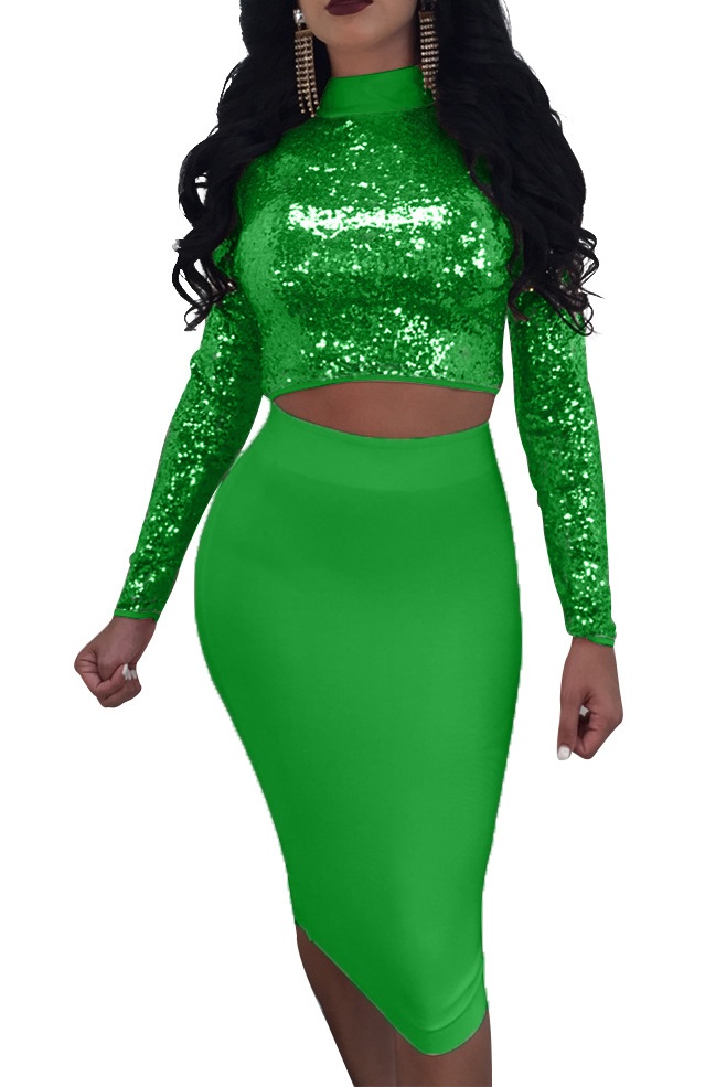 Two-Piece Lace Up Sequins Club Dress