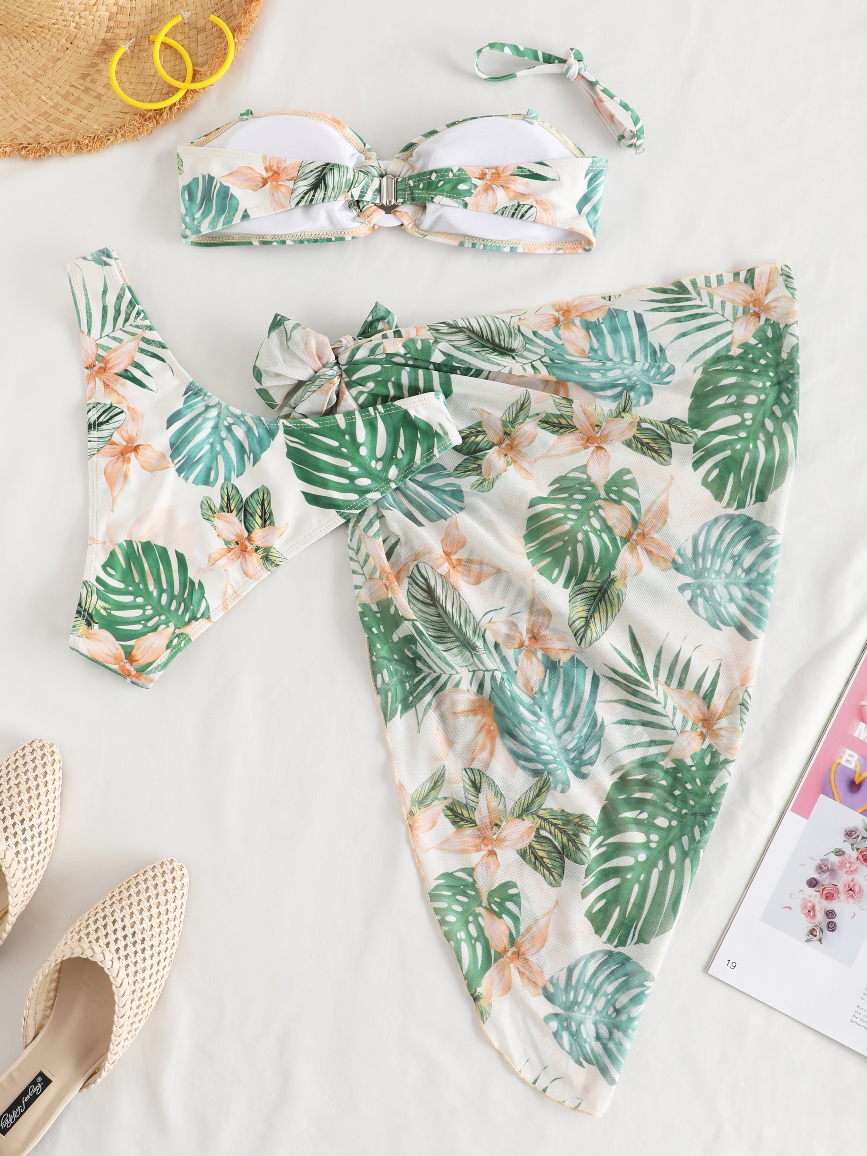 Leaf & Floral Print Three-Piece Chiffon Bikini