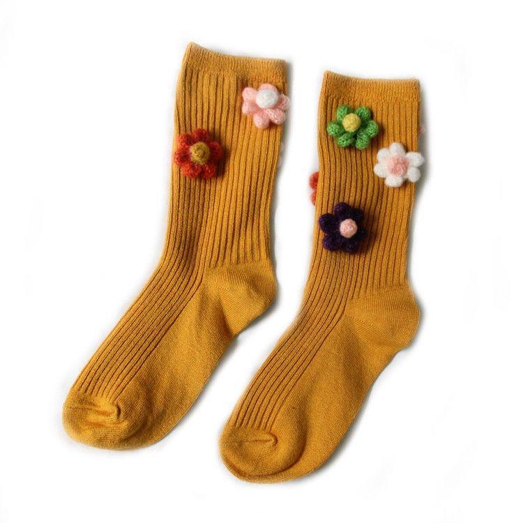 Three-dimensional flower cotton women's vertical tube socks