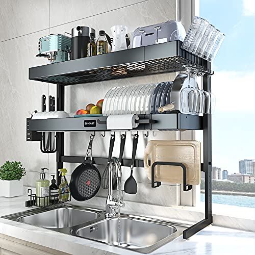 SINOART Over The Sink Dish Drying Rack-Adjustable 2-Tier Large Dish Dryer Rack