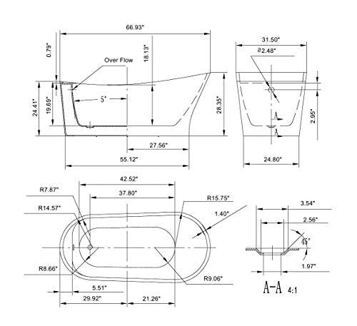 Soaking SPA Tub Modern Stand Alone Bathtubs Model 67FT1528, White