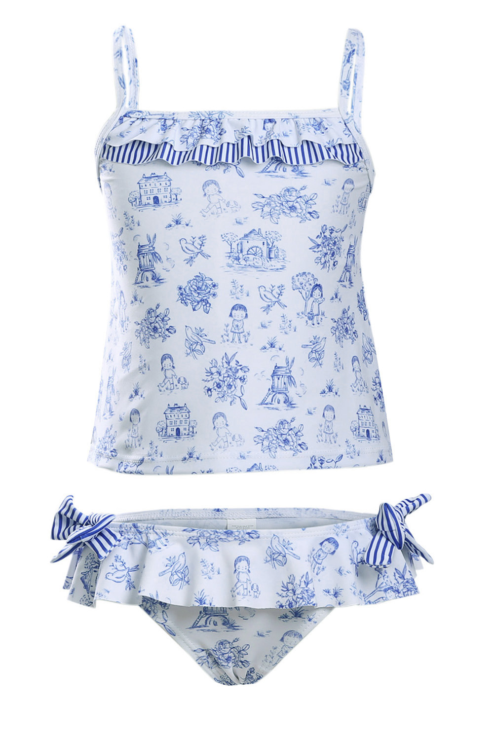 Blue Toile Pattern Little Girls Swimsuit