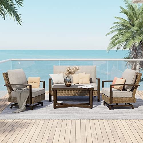 Grand Patio Outdoor 4 Pieces Furniture Sofa Sets PE Wicker Furniture Sets Rockers Patio Conversation Sets Aluminum Frame with Olefin Cushions Patio Furniture Sets (Light Brown)