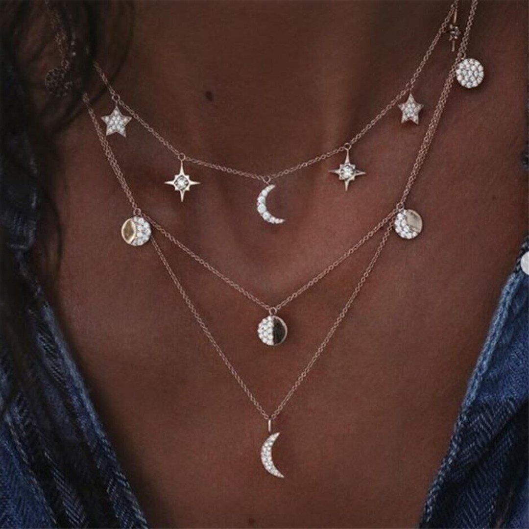 Vintage crystal zircon multilayer necklace   sweater chain