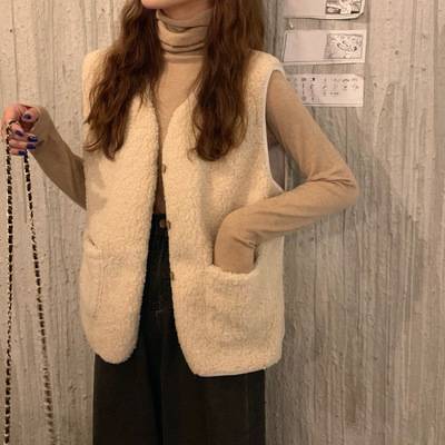 2020秋冬新款ins韩版洋气宽松羊羔毛马甲+高领百搭打底衫两件套女