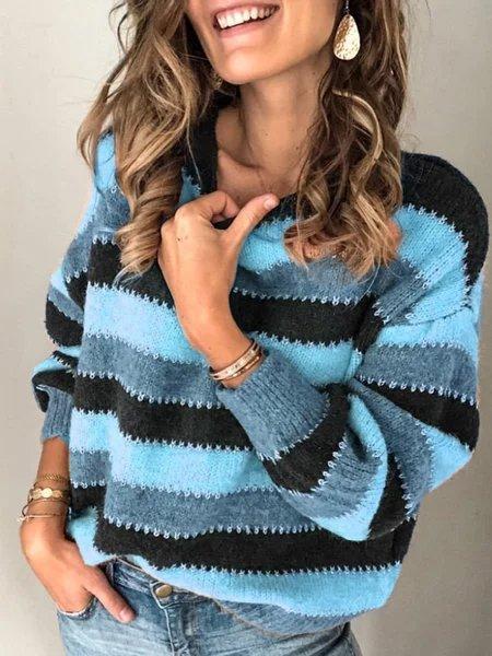 Color-Block Striped Long Sleeve Crew Neck Sweaters