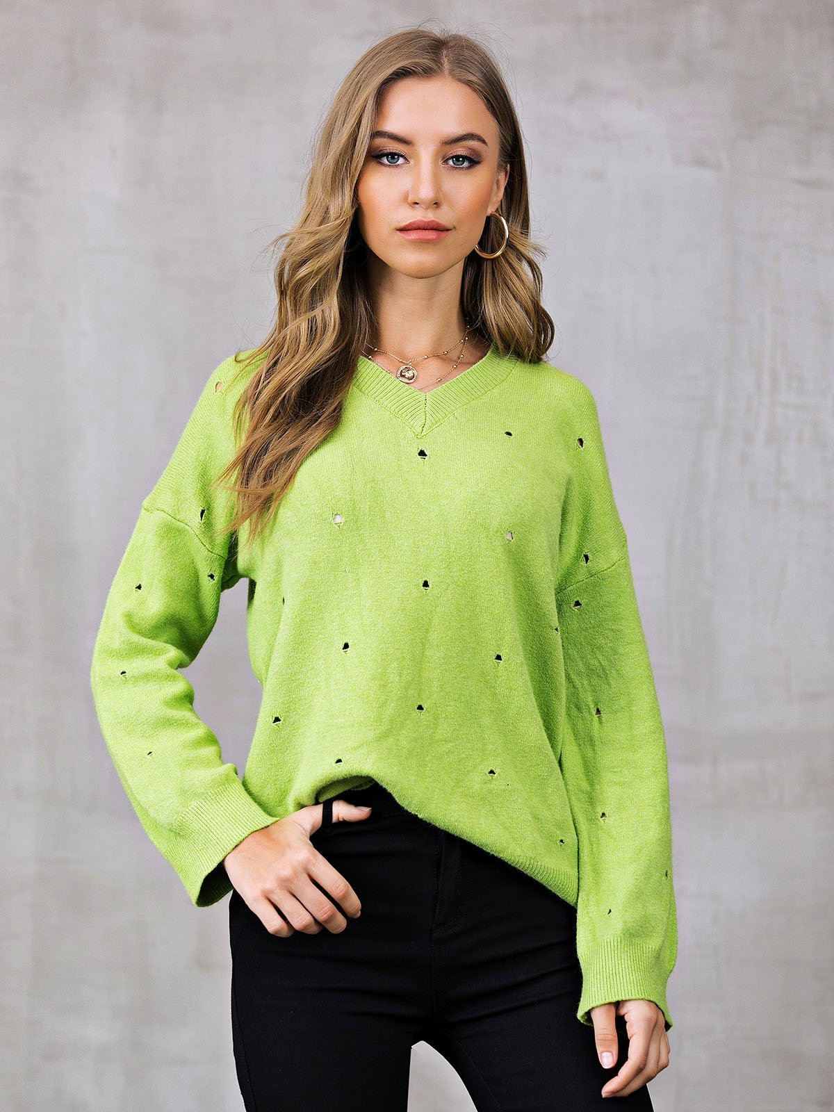 Eyelet Shift V Neck Casual Sweaters