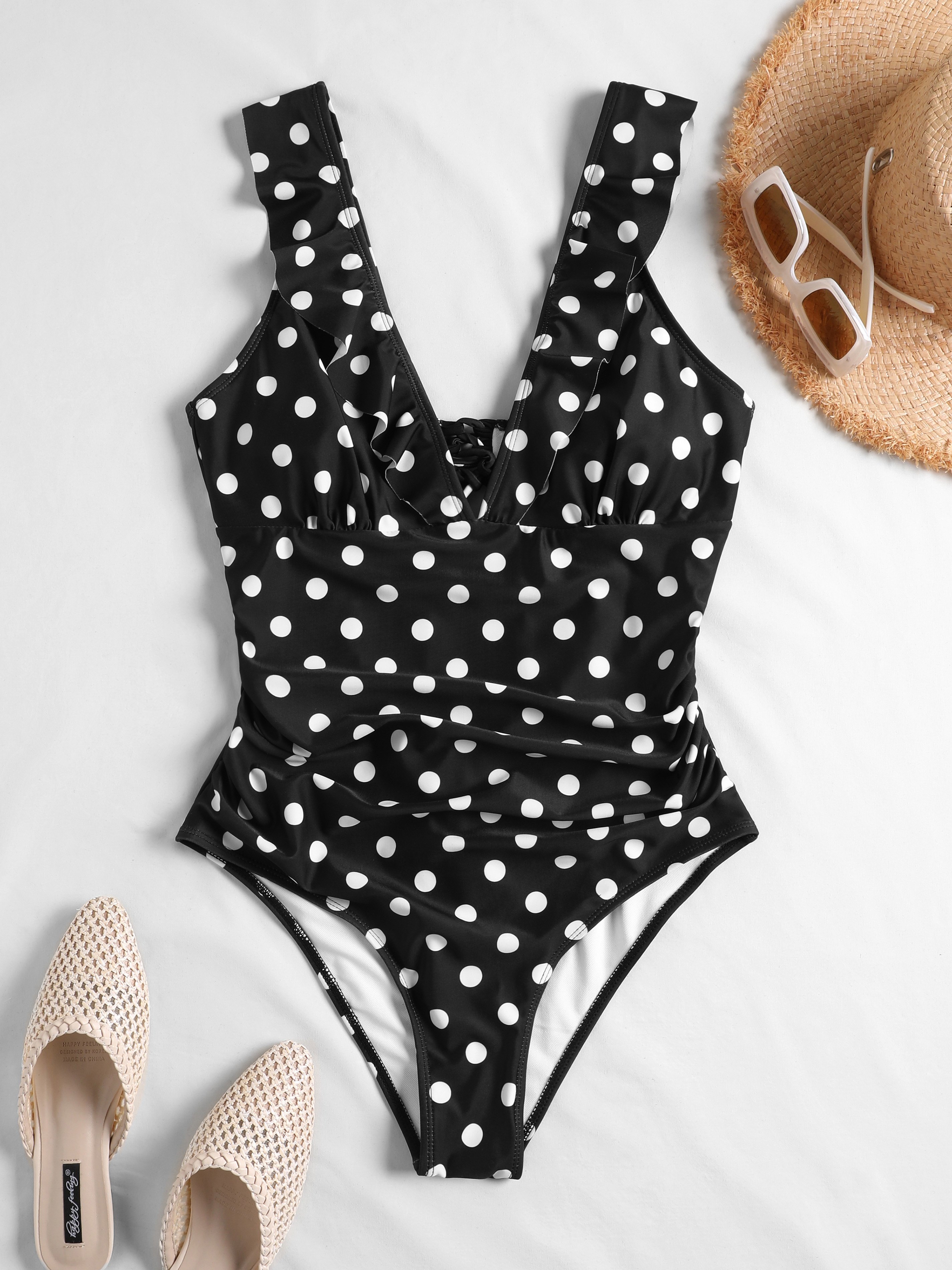 Polka Dot Print Plunge One-Piece Swimsui