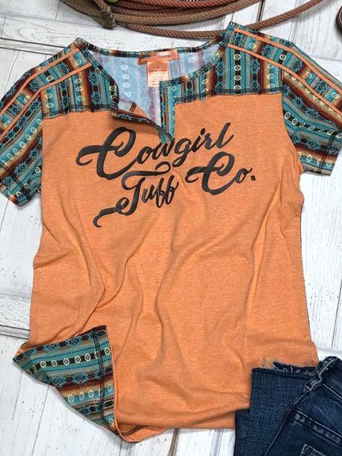 Cowboy Western Letter Floral-Print Shift Short Sleeve Shirts & Tops