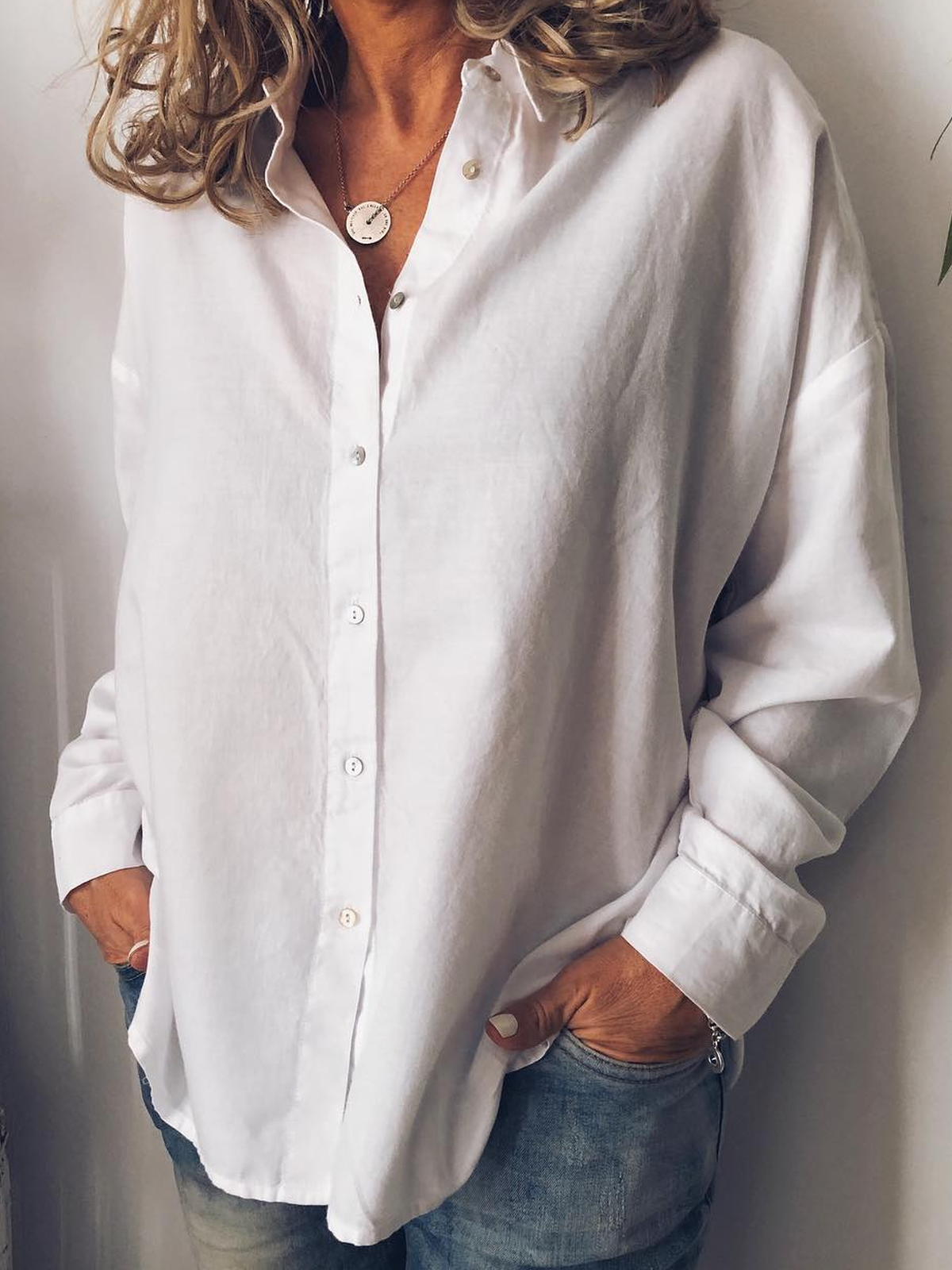 Shirt Collar Casual Cotton-Blend Shirts & Tops