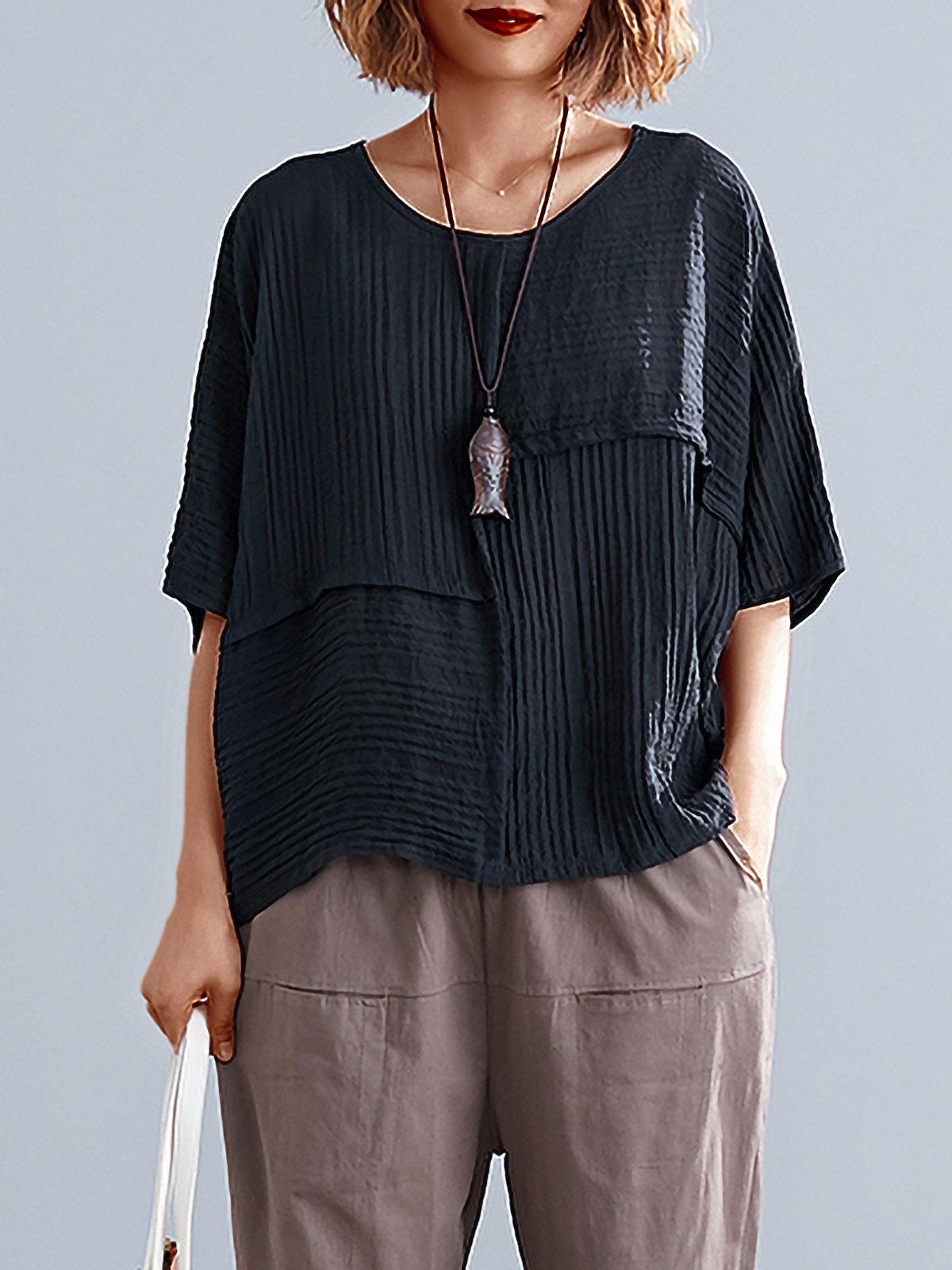 Plus Size Women Solid Half Sleeve Round Neck Loose Casual Tops