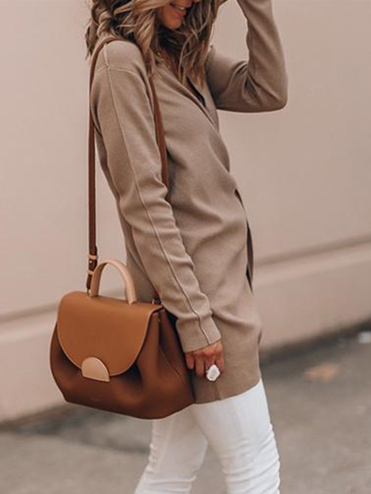 Khaki V Neck Solid Casual Outerwear