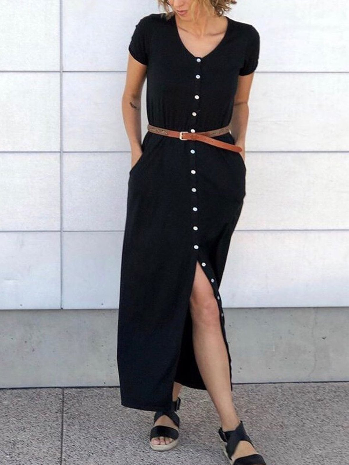 Casual Cotton Solid V Neck Dresses