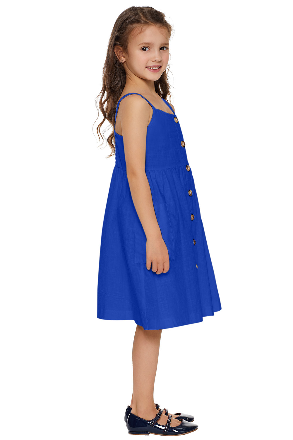 Blue Little Girls Spaghetti Strap Button Dress with Pockets