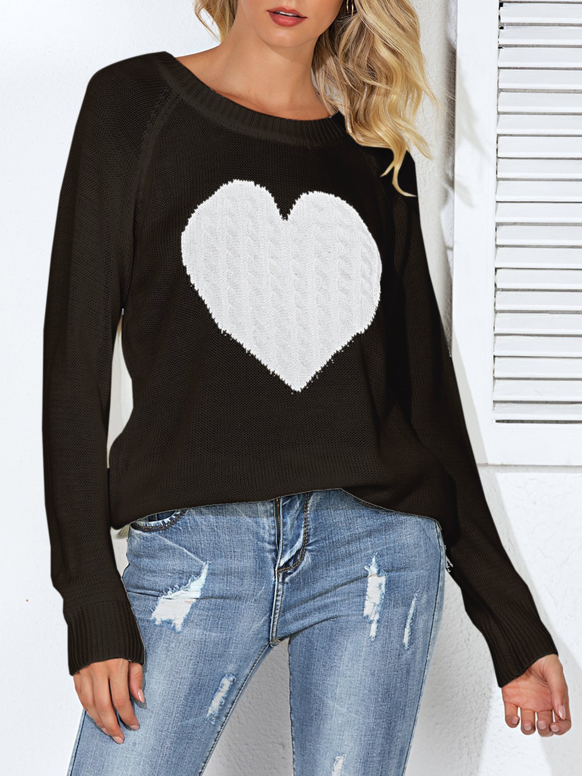 Heart Printed Crew Neck Knitted Long Sleeve Sweaters