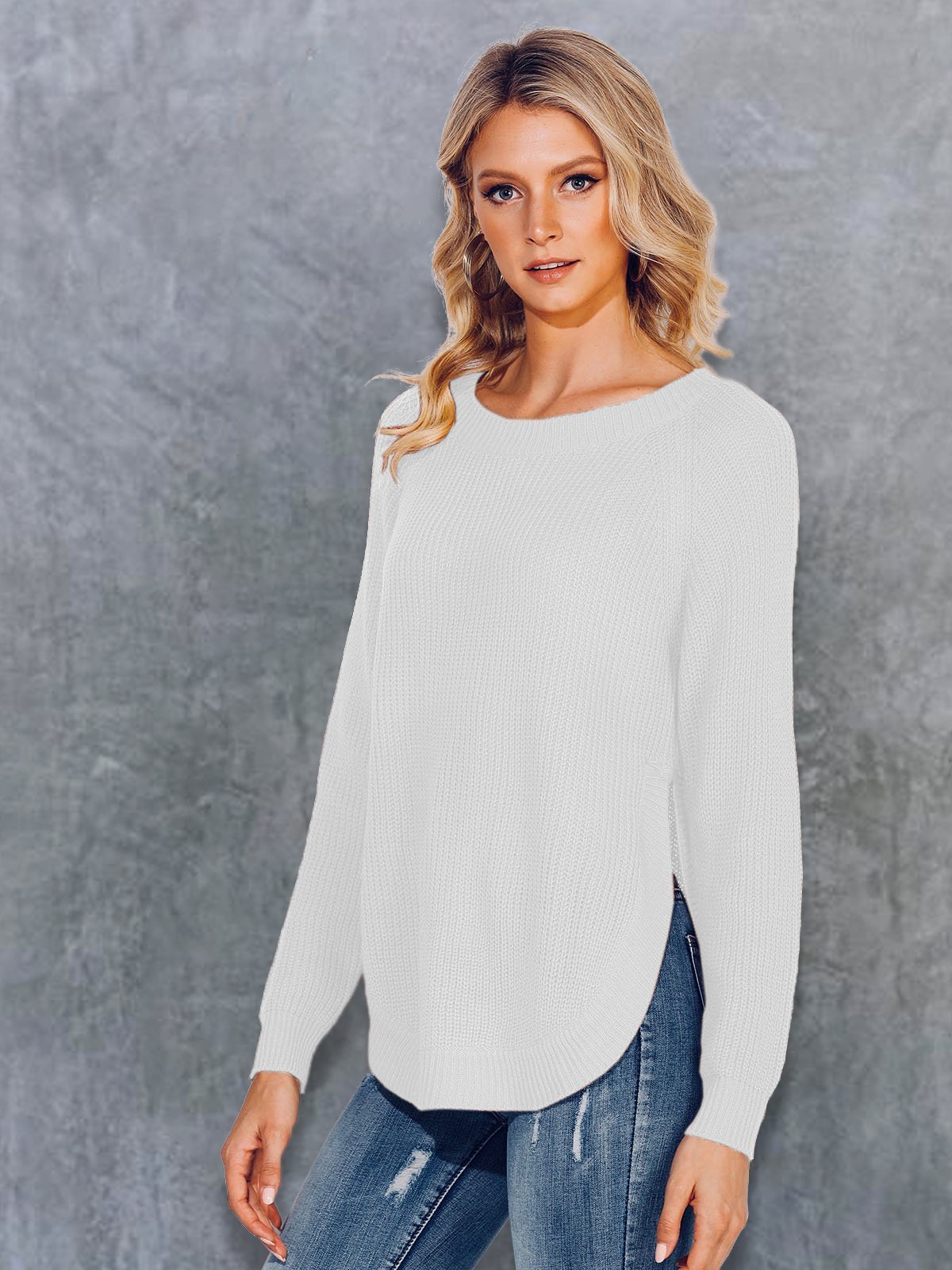 Long Sleeve Crew Neck Solid Sweaters