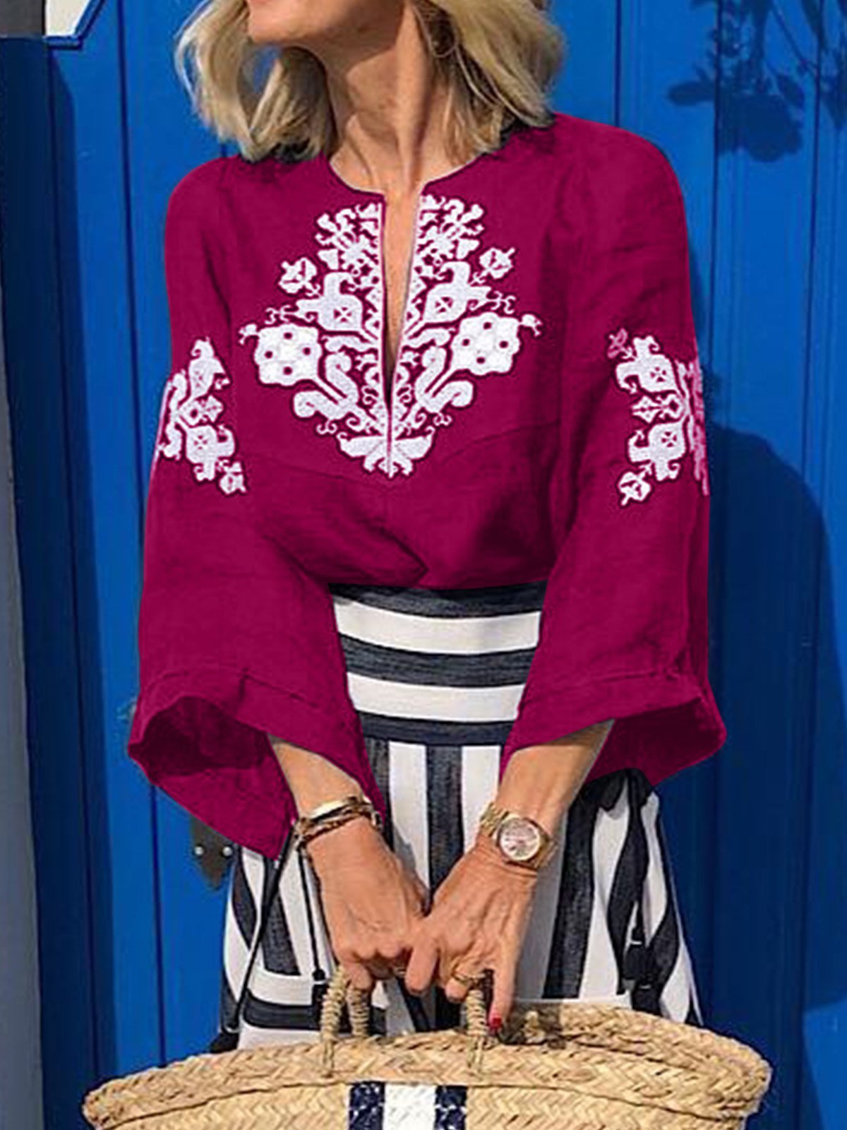 V Neck 3/4 Sleeve Casual Tops