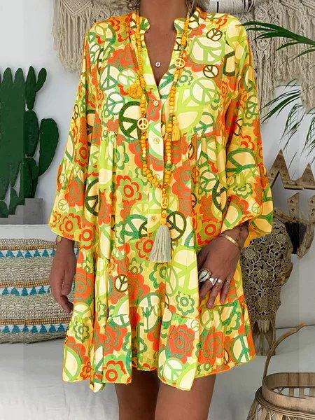 V Neck Buttoned Down Abstracy Printed Dresses