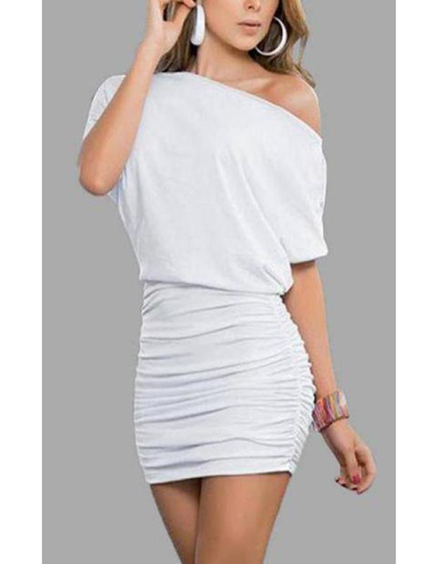 One Shoulder  Plain Pleated Bodice Bodycon Dresses