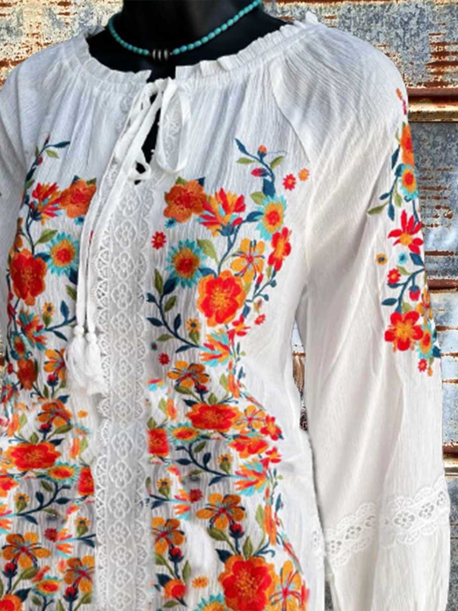 Floral Crew Neck Long Sleeve A-Line Dresses