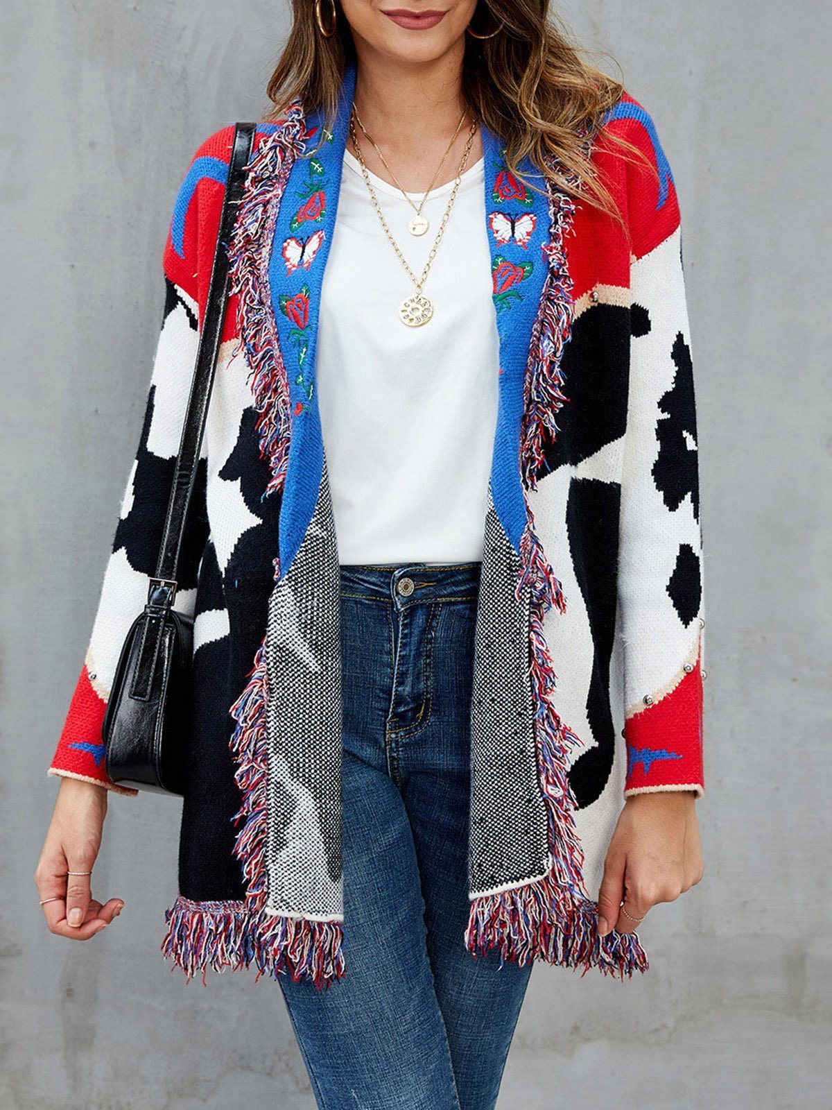Red Shawl Collar Fringed Embroidered Cardigan