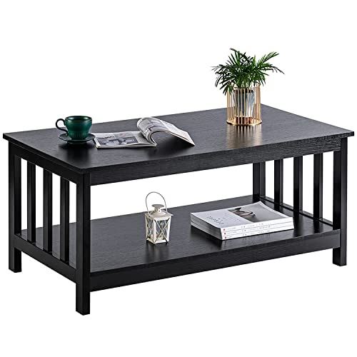 ChooChoo Mission Coffee Table, Black Wood Living Room Table with Shelf / 40 Inches