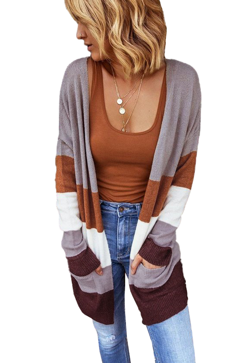 休闲长袖舒适保暖口袋拼色开襟衫