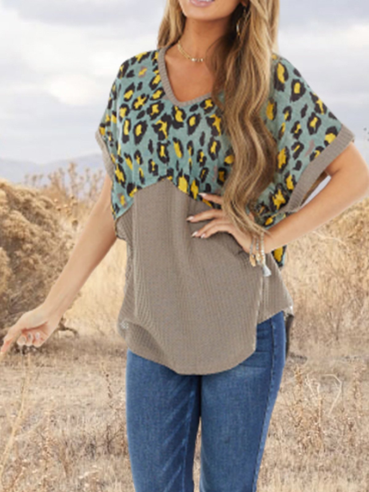 Leopard Crew Neck Vintage Floral-Print Shirts & Tops