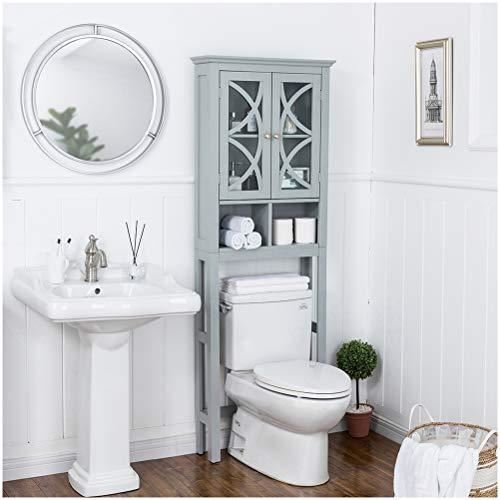 Standing Storage Cabinet with Double Glass Doors Bathroom Cabinet Spacesaver Grey
