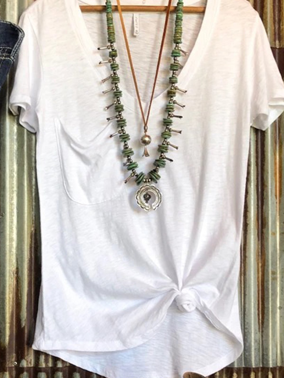 Plus Size Short Sleeve Plain V Neck Cotton-Blend Shirts & Tops