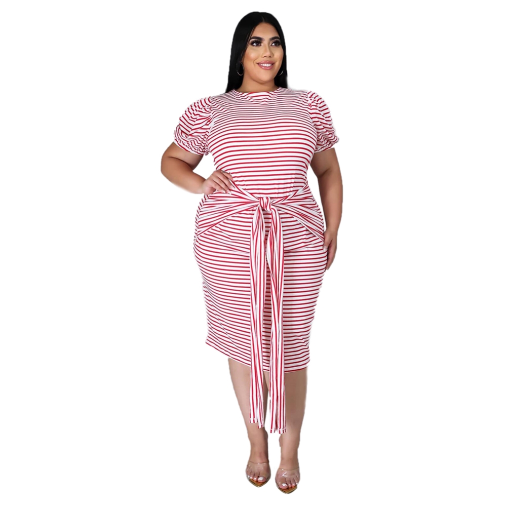 Plus Size Summer Striped Midi Dress with Belt