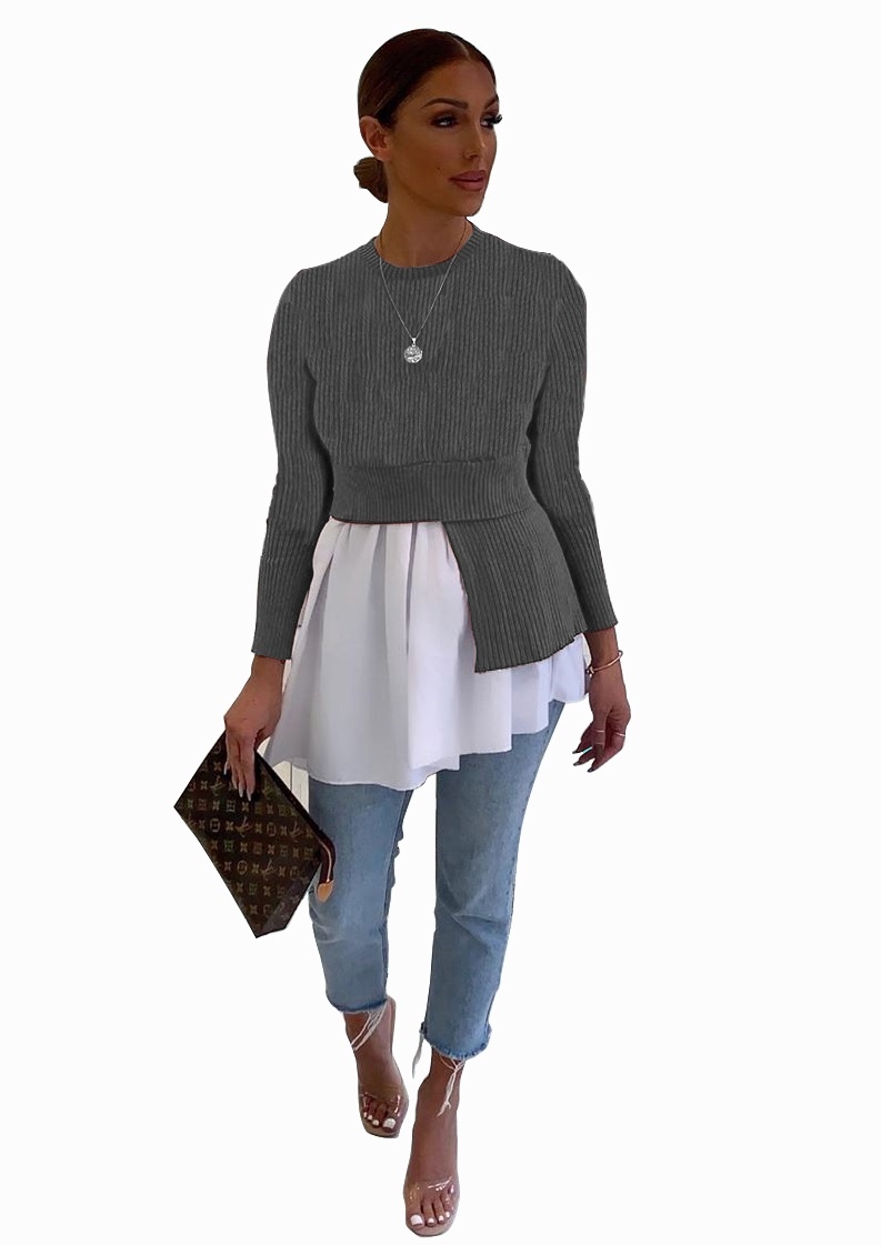 Contrast Patchwork Peplum Top with Sleeves