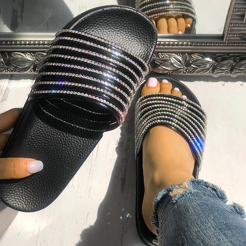 Women PU Slippers Casual Rhinestone Shoes