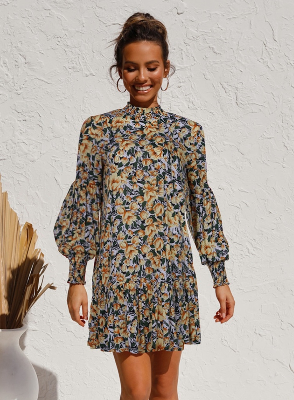 Fall Floral Ruffle Short Dress with Pop Sleeves