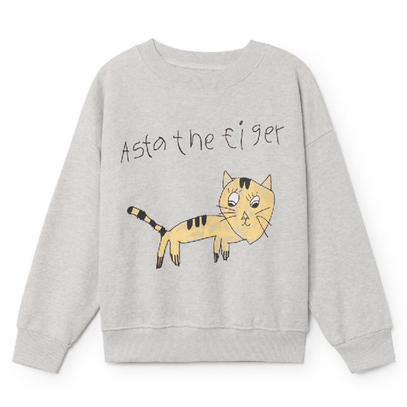 Toddler Girl Grey Print Cat and Slogan Long Sleeve Sweatshirt