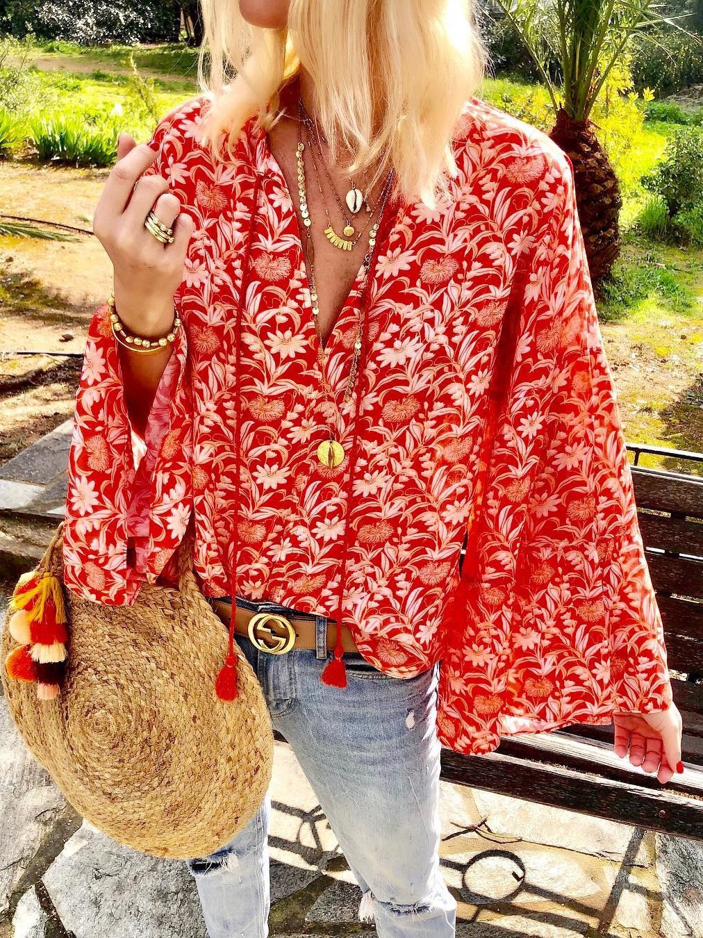 Red Floral V Neck Long Sleeve Casual Shirts & Tops