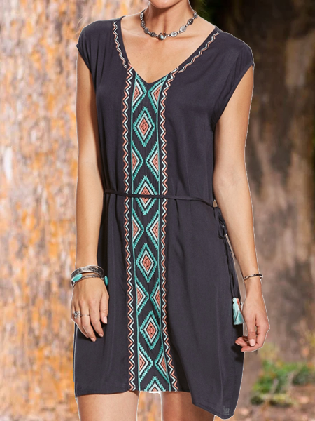 Cotton-Blend V Neck Printed Casual Dresses