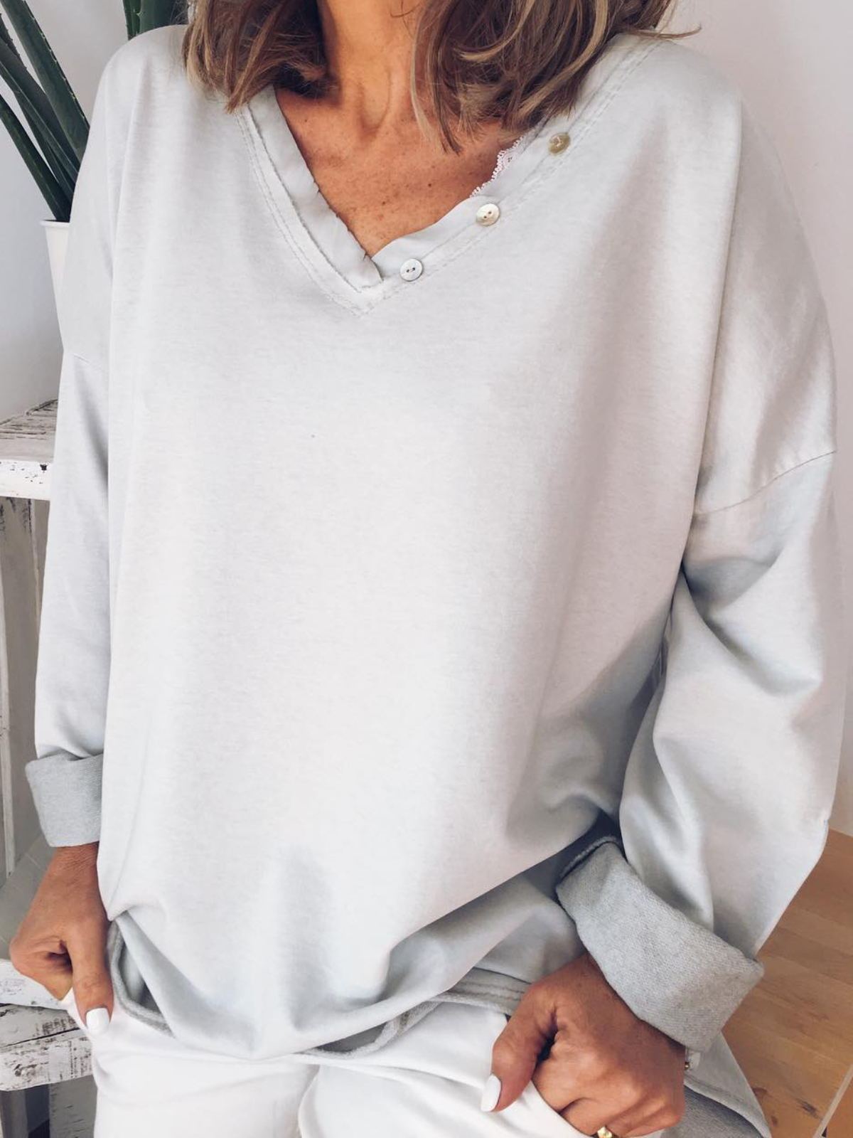 Plus Size V Neck Casual Solid  Long Sleeve Tops