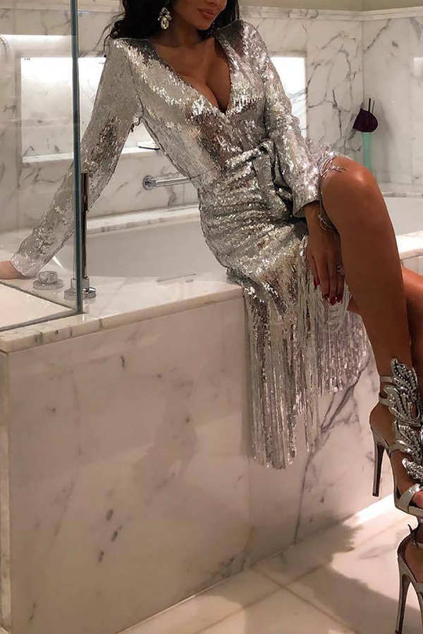 Sexy Sequins V Neck Slit Evening Dress