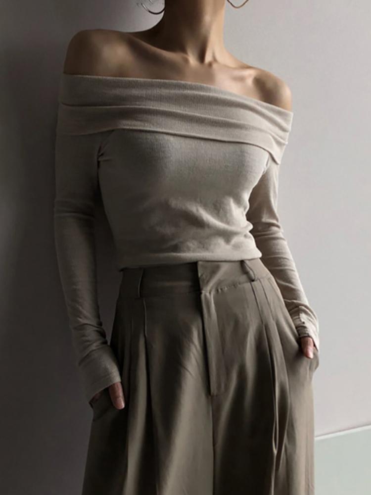 Women's Fashion Boat Neck Long Sleeve Tight Sweater