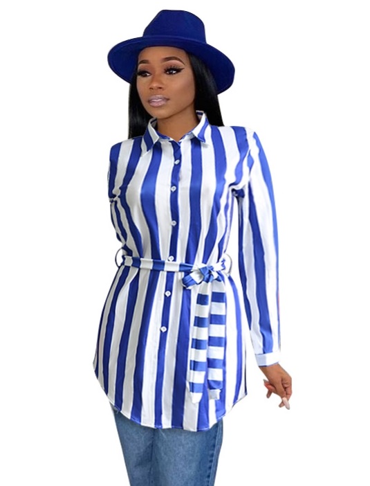 White and Blue Striped Long Blouse
