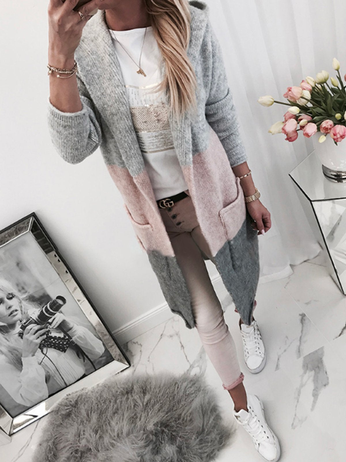Long Sleeve Hoodie Color-Block Knitted Cardigans