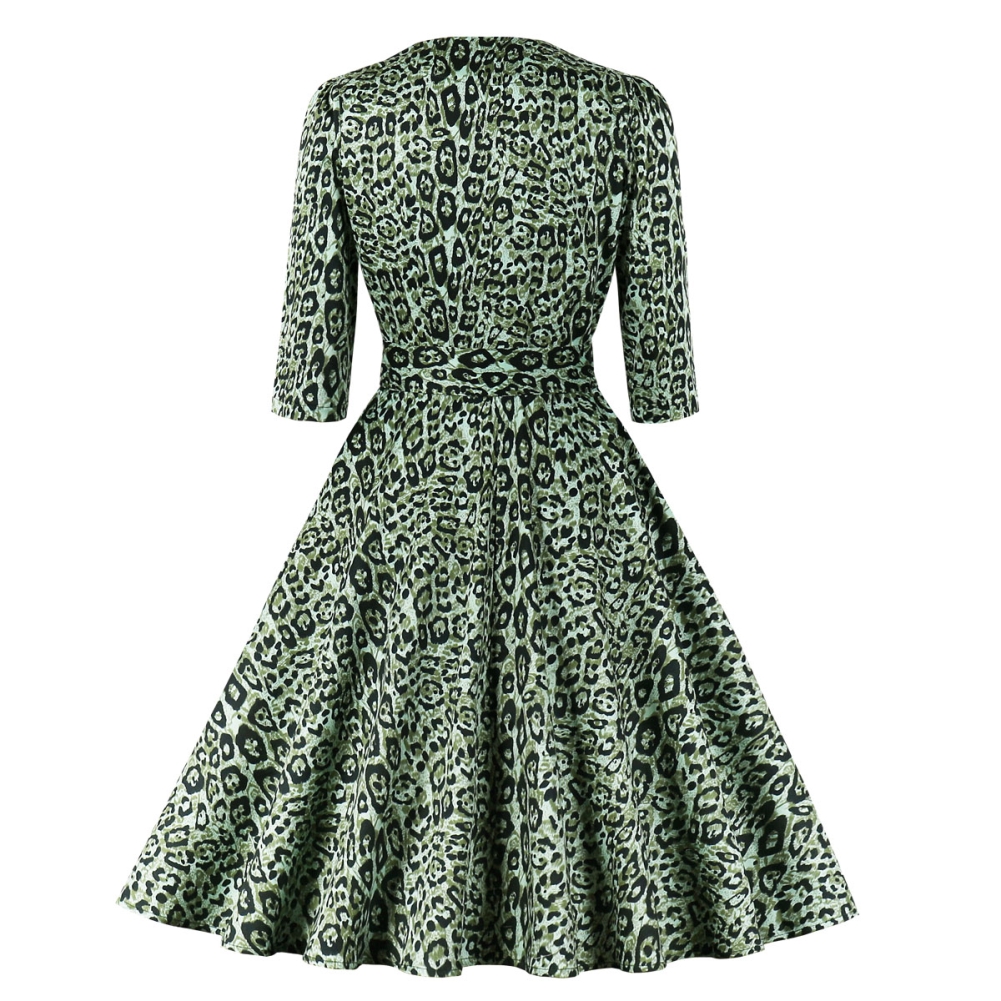 Autumn Leopard Zipper Vintage Skater Dress with Belt