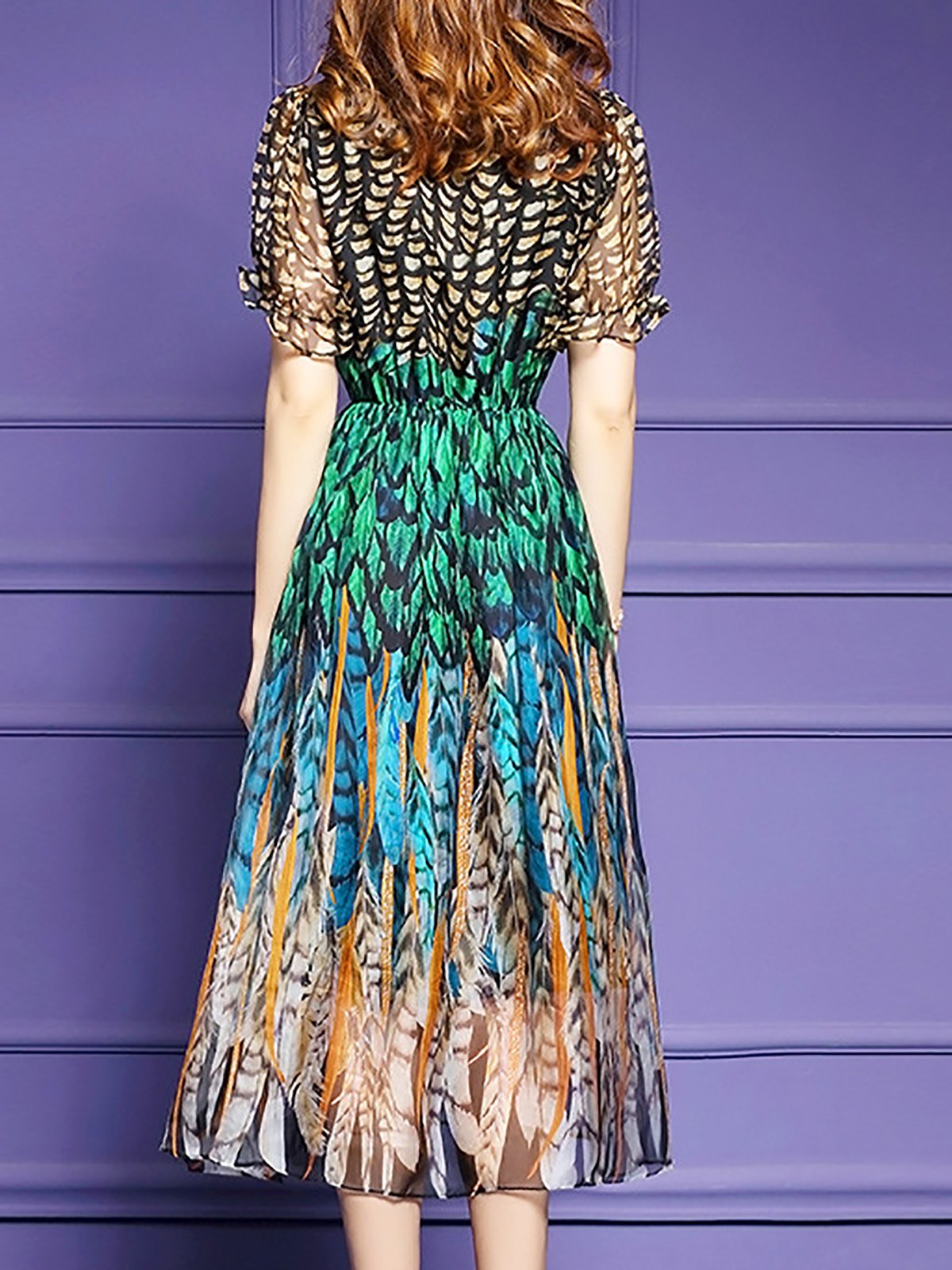 Short Sleeve Beach Chiffon Printed Midi Dress