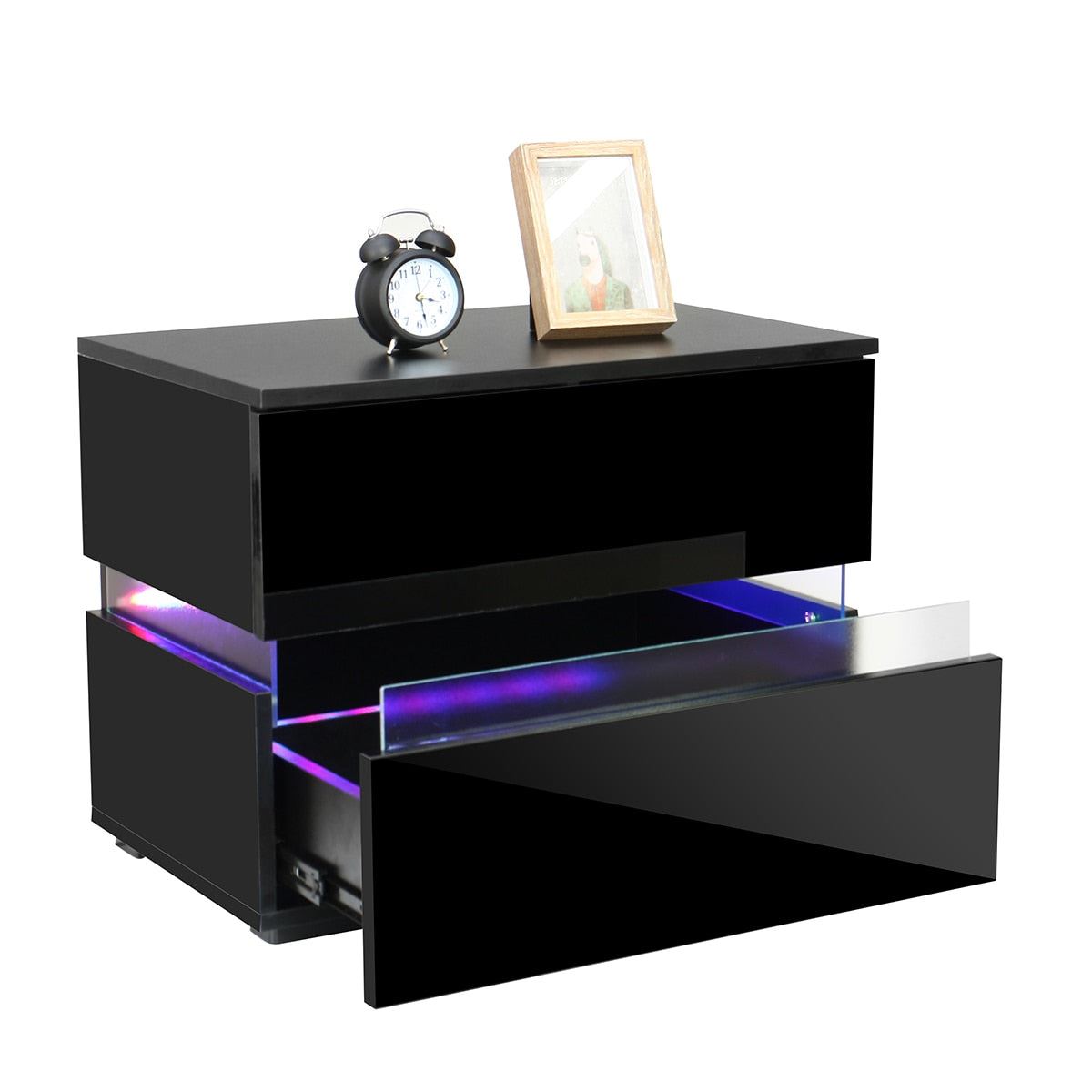 Modern LED Bedside Table High Gloss RGB Coffee Tables with 2 Drawers Sofa Side
