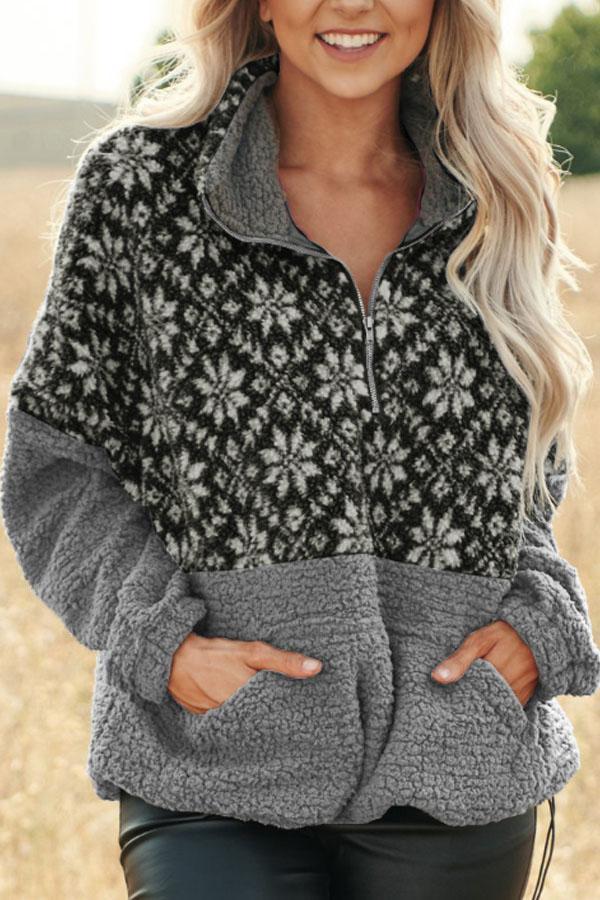 Christmas Snowflake Pullover Bend Collar Zipper Print Teddy Outerwear